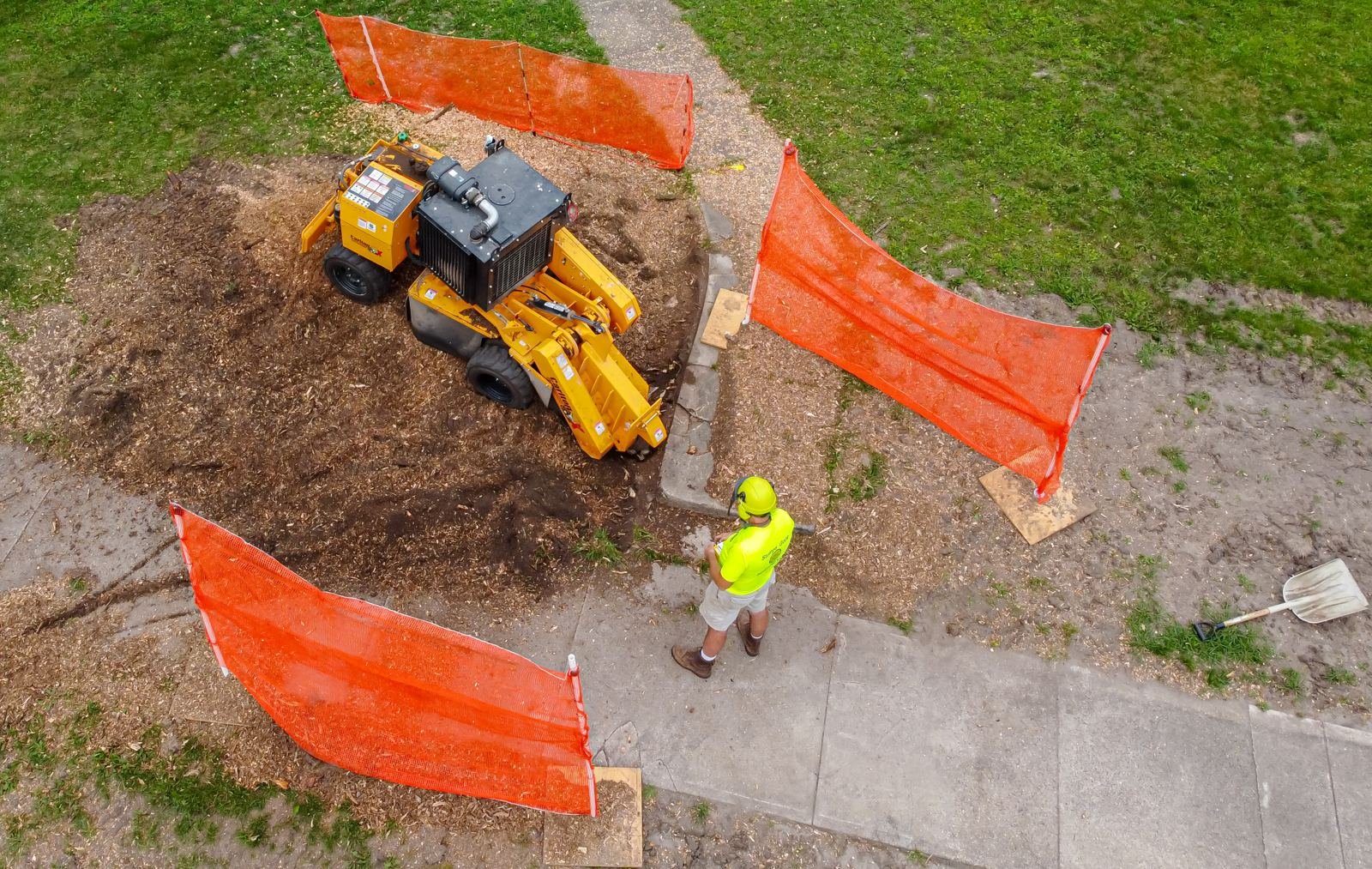 Stump grinder working on a tree stump
